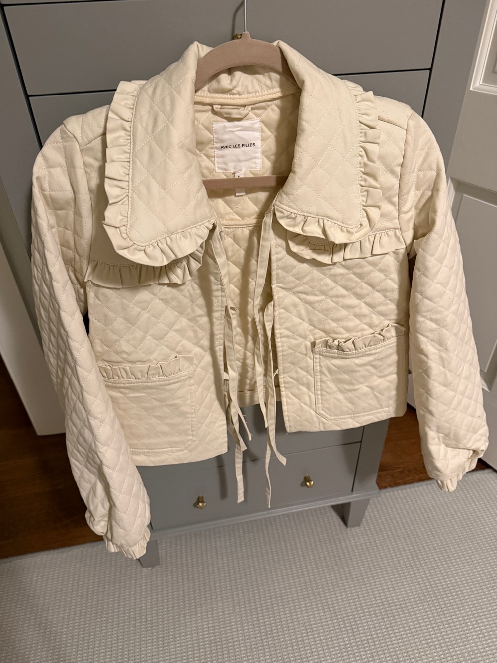 Avec Les Filles Cream Quilted Ruffle-Trim Jacket